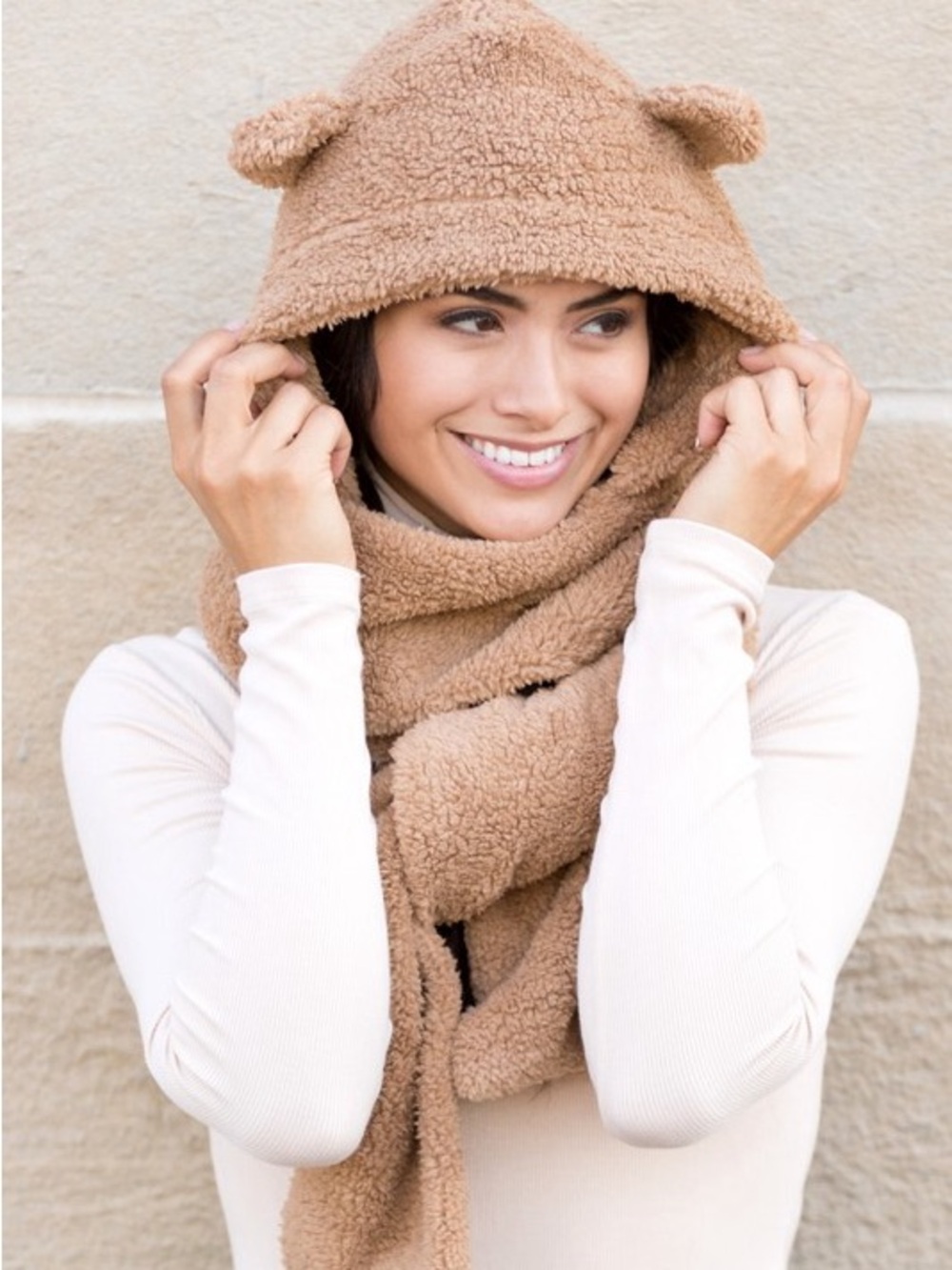 Cozy Teddy Bear Hooded Scarf in Camel